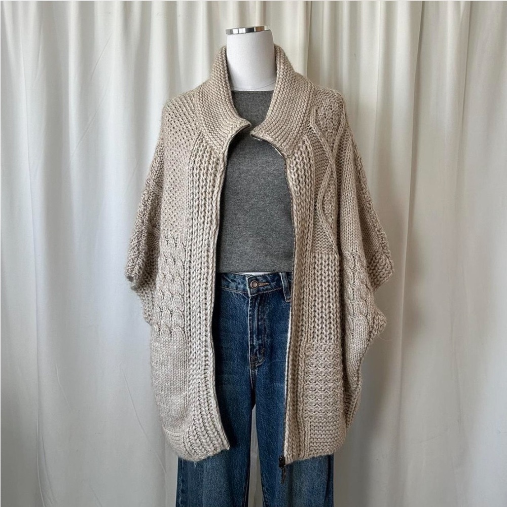 Elsamanda Zip-up poncho sweater chunky knit wool blend Cream One Size - Picture 5 of 8